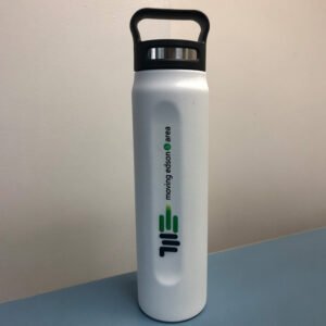 A white Stainless Steel Water Bottle with a black lid stands upright on a blue surface, featuring a blue and green logo and "moving edson area" printed vertically.